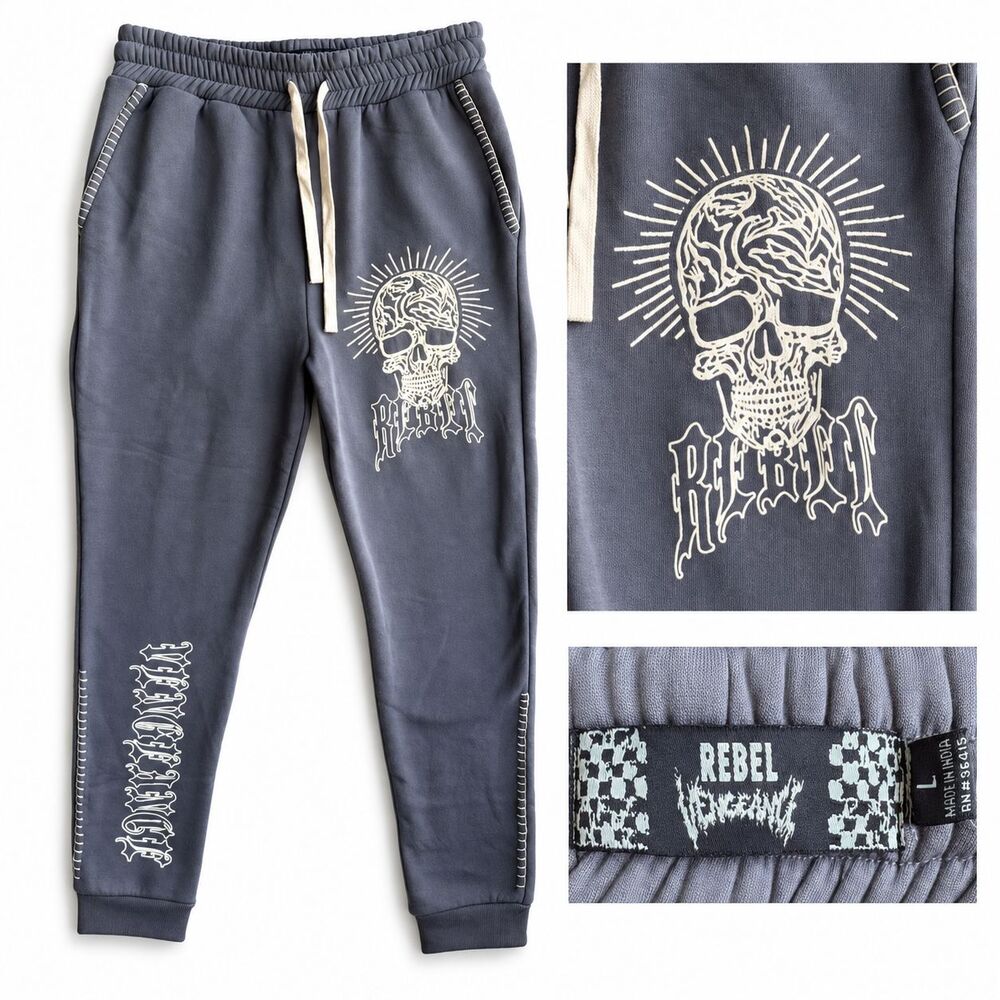 Rebel Vengeance Skull Graphic Joggers Mens L Gray Fleece Drawstring Sweatpants
